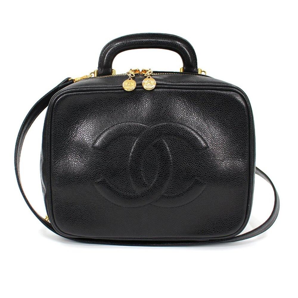 Chanel CC Black Caviar Leather Vanity Crossbody Two-Way Zip Gold Zipper Handbag